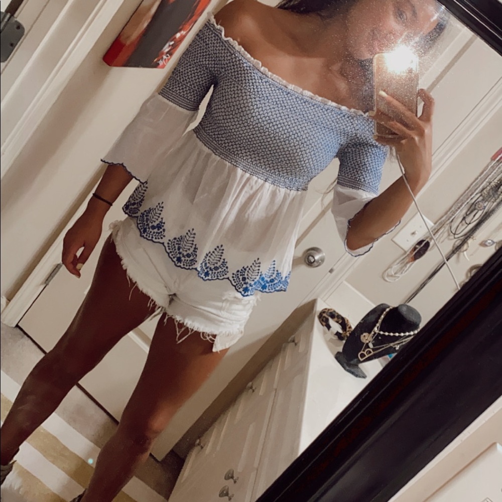 Blue and White Peplum Top